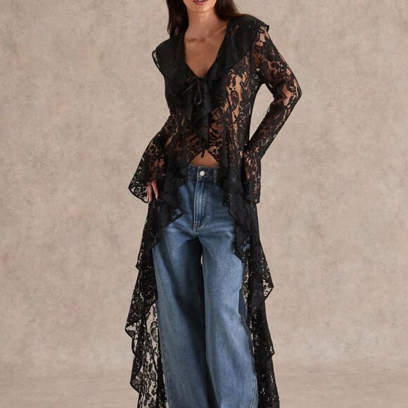 Black Elegant Women's Romantic Ruffled Lace Top Coat - Picture 6 of 7